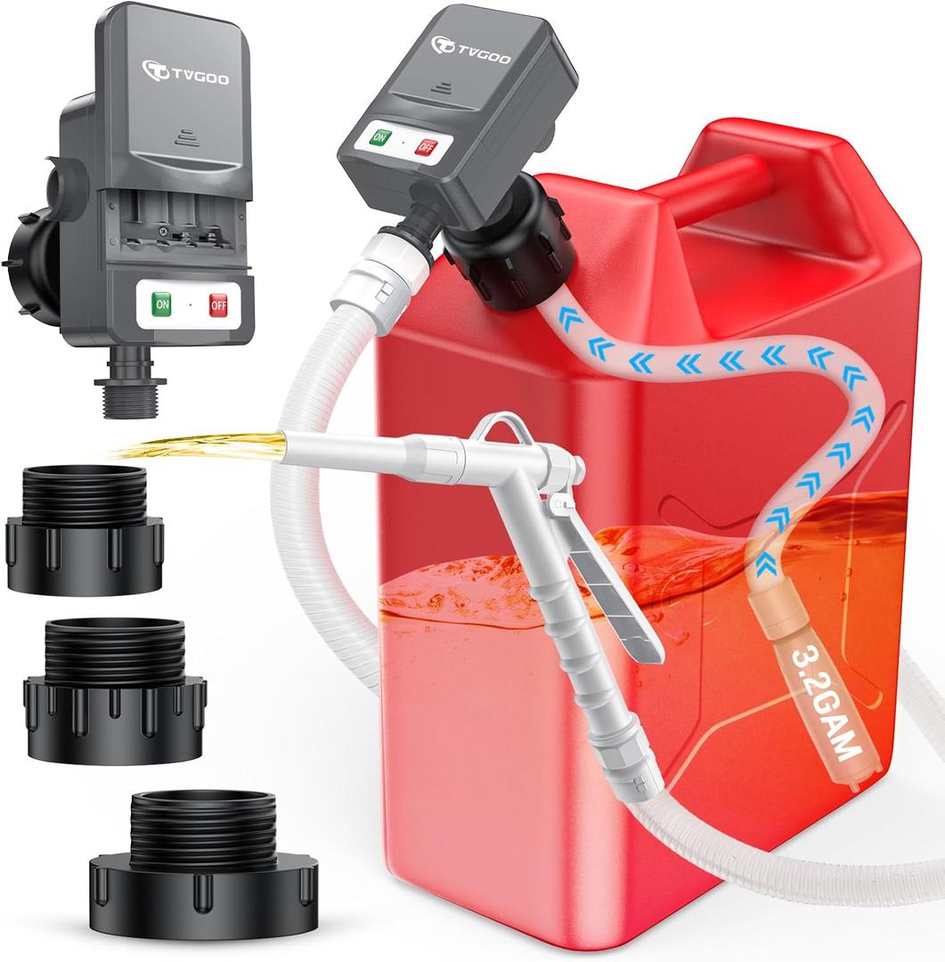 Portable Fuel Transfer Pump - Nozzle for Quick Flow Control, Battery Powered, 3.2 GPM, No Spill, 3 Tank Adapters for Gas/Diesel/Kerosene/Water (Gray)