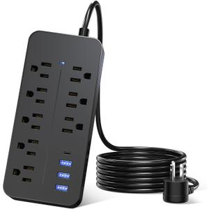 Power Strip Surge Protector with 8 Outlets & 3 USB Ports & 1 Type-C Port (5V/3A), Angled Flat Plug, Spaced Outlets & ETL Listed Power Outlet for Home Office - Black