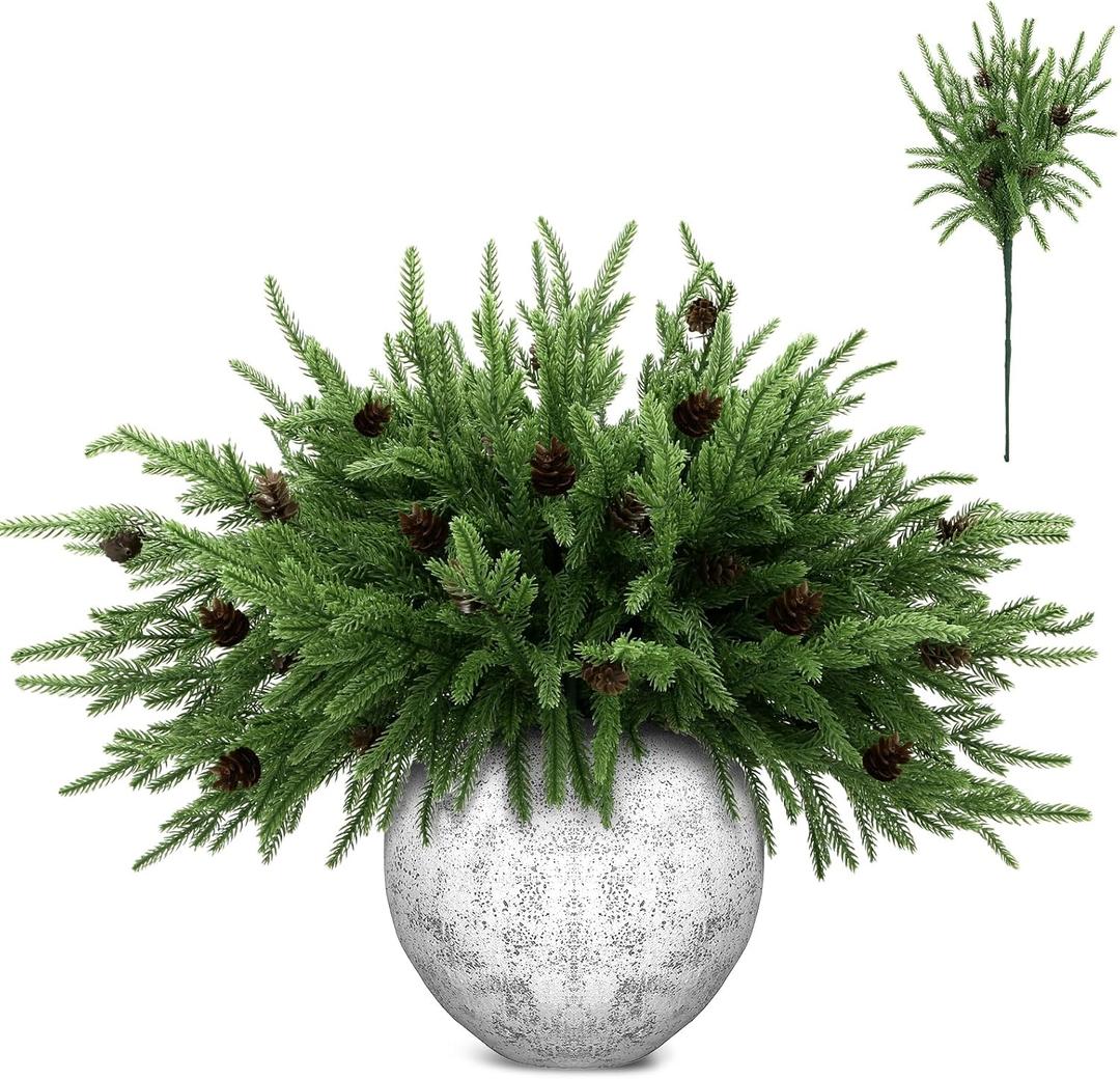 10 Pcs 18" Real Touch Norfolk Pine Stems Branches with Pine Cone Norfolk Pine Artificial Christmas Branches DIY Crafts Faux Christmas Norfolk Pine Branches for Xmas Indoor Outdoor Home Decor