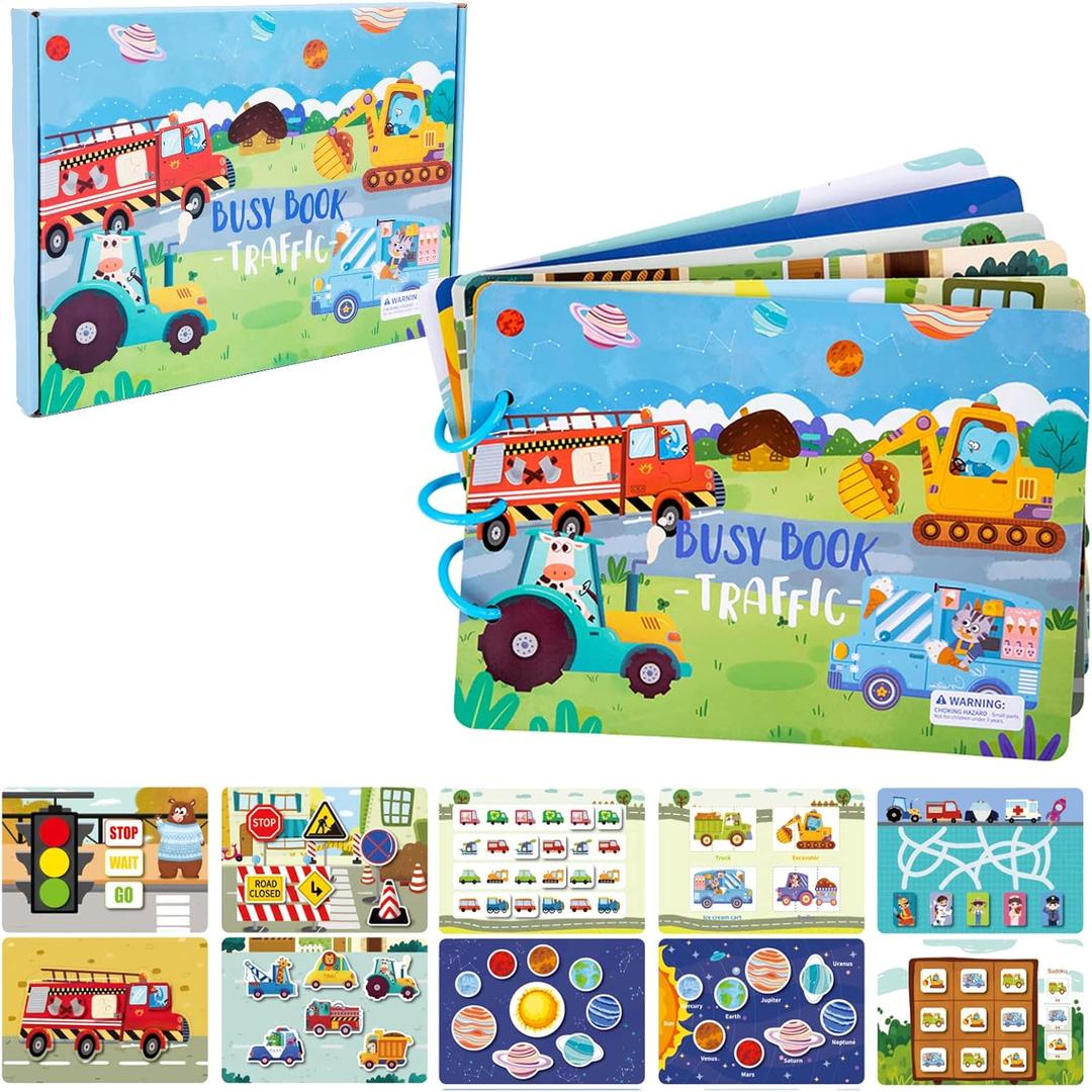 Quiet Book for Toddlers, Early Learning Montessori Interactive Toys for Kids, Autism Sensory Educational Toy Preschool Activity Binder Busy Book for Develop Learning Skills (Transportation) (Traffic)