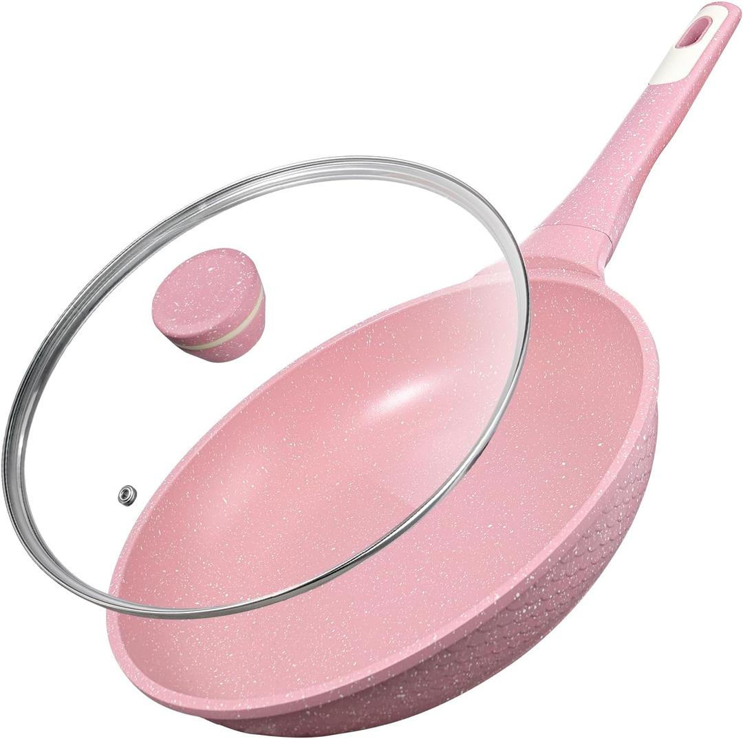 11 Inch Non Stick Frying Pans with Lid - 100% PFOA PFAS Free, Super Nonstick, All Stovetop Compatible Induction Gas Electric, Omelette & Egg Pan, Dishwasher Safe, Eco-Friendly Pink Pan