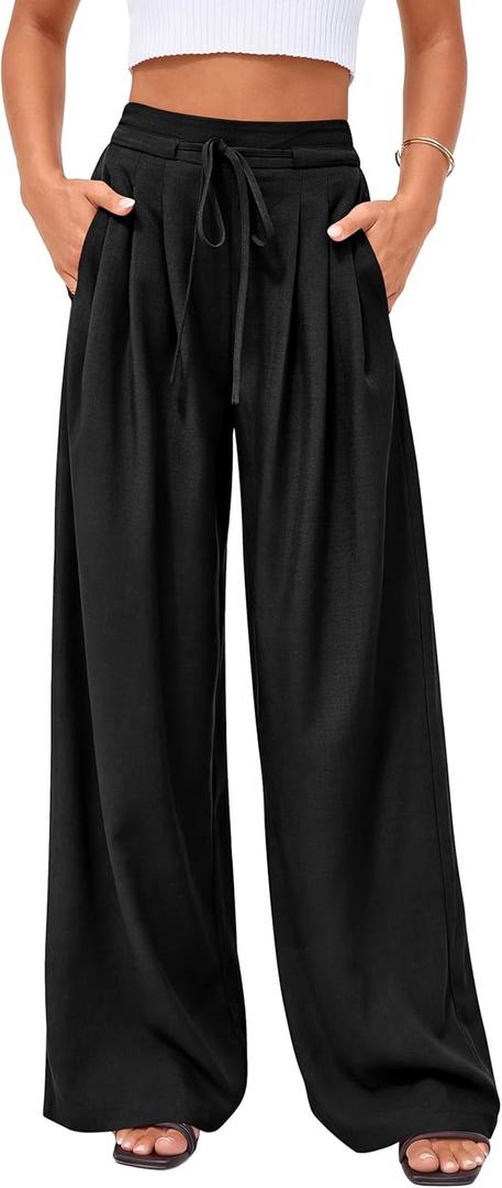 PRETTYGARDEN Womens Spring Wide Leg Dress Pants Business Casual Work High Waist Baggy Tie Trousers Pleated Palazzo Slacks (Large, Black)