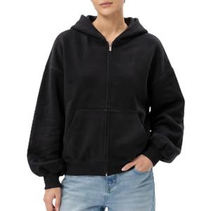 Womens Heavyweight Drop Shoulder Oversized Zip Up Hoodie Cotton Full Zip Sweatshirt, Large