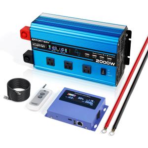2000W Pure sine Wave Inverter 4000W (Peak) DC 12V to AC 110V/120V Converter with LCD Display Wireless/Wired Remote Control 3AC Outlets and 4USB for Camping RV Travel Off-Grid Solar Systems