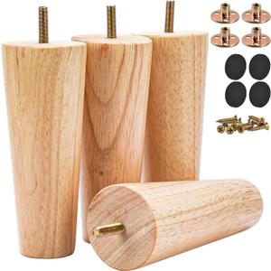 4 inch Solid Wood Furniture Legs, 4Pcs Mid-Century Modern Wooden Replacement Feet with Threaded 5/16'' Hanger Bolts & Mounting Plate & Screws for Sofa Couch Armchair Cabinet TV Stand (Natural Wood Color)