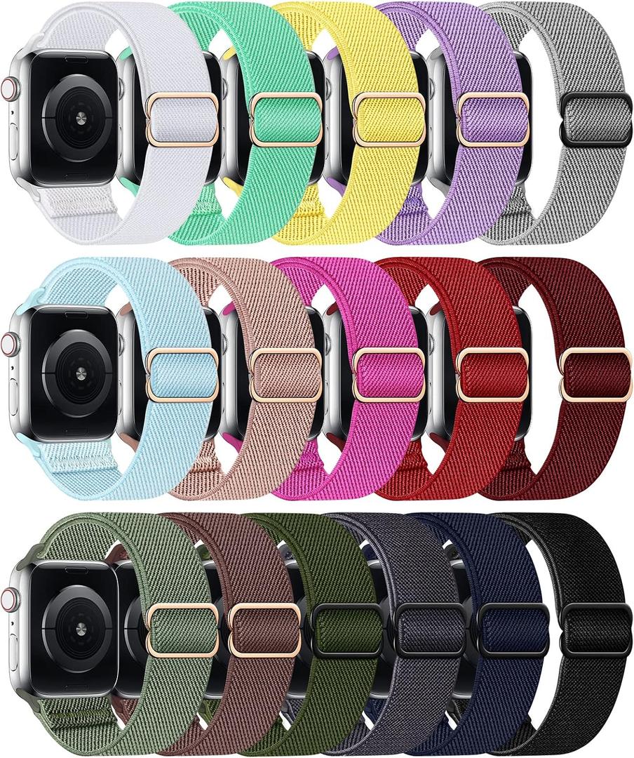Stretchy Nylon Band Compatible with Apple Watch Band 38mm 40mm 41mm Women Men, Adjustable Sport Elastic Replacement Strap for iWatch Series 8 7 6 5 4 3 2 1 SE, 16 pack