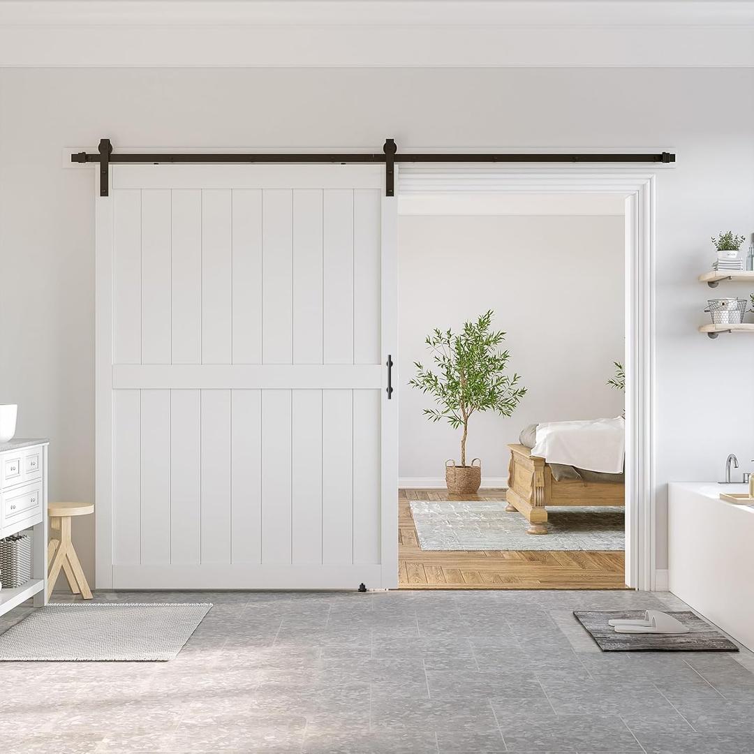 SmartStandard 60 x 84 inch White Sliding MDF Barn Door with 10FT Black Sliding Door Hardware Kit & Handle, Pre-Drilled Ready to Assemble, Waterproof PVC Coating, H-Frame