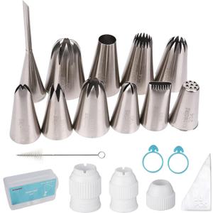 Kasmoire 11 Pcs Extra Large Piping Tip Set,Stainless Steel Cake Decorating Icing Tips Nozzles,Professional Pastry Tips for Cupcake, Cookie and Puff
