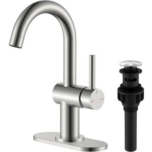 KENES Brushed Nickel Bathroom Faucet Single Handle Modern Prep Wet Bar Sink Faucet Bathroom Sink Faucets with Drain Assembly & Deck Plate, Farmhouse RV Camper Outdoor Utility Faucet, KE-9005B (Short)