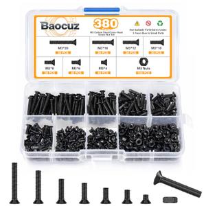 380 Pcs M3 Black Flat Head Machine Screws and Hex Nuts Kit Carbon Steel Countersunk Head Phillips Screws Bolts Assortment,M3 x 4mm/ 6mm/ 8mm/ 10mm/ 12mm/ 16mm/ 20mm