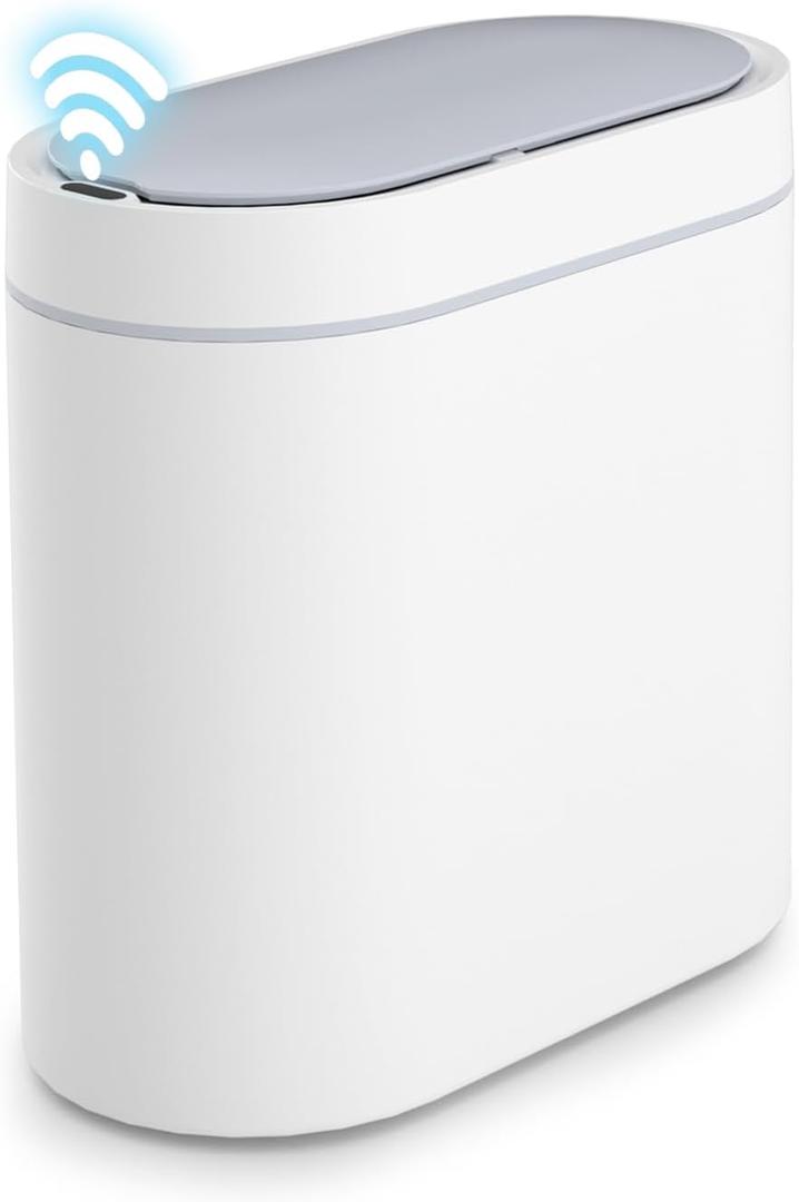 SYNCVIBE Bathroom Trash Can with Lid 2 Gallon Slim Motion Sensor Garbage Can Narrow Automatic Plastic Trash Bin for Bedroom, Living Room, Toilet, Office (White)