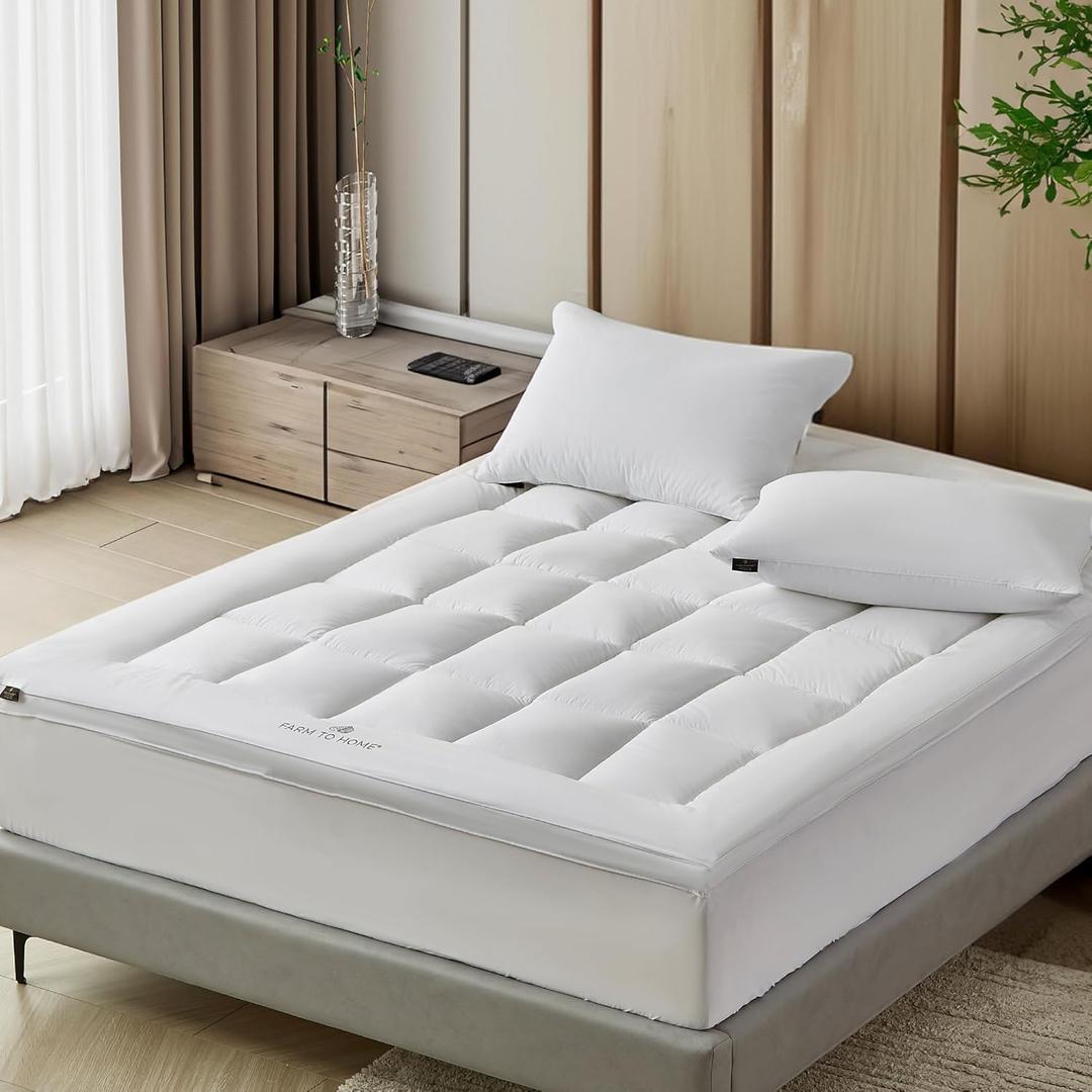 Farm to Home Organic Cotton Pillow Top Mattress Topper - Quilted Fitted Mattress Pad Cover with 16 Inch Deep Pocket, 2 Inch Down Alternative Mattress Protector for Support - King Size, White