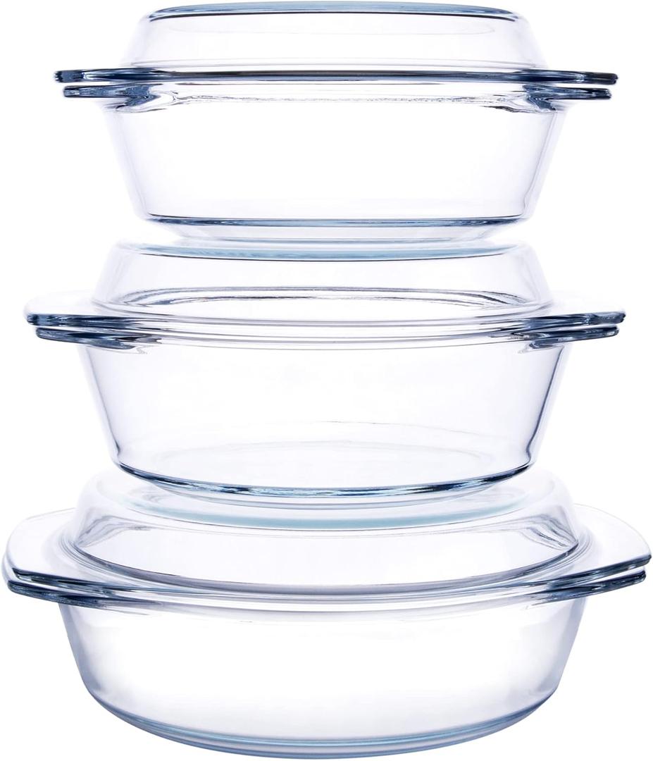 HUSANMP Set of 6 Pieces Round Tempered Glass Casserole Dish with Lids, Glass Casserole Baking Dish Set for Oven, Freezer and Dishwasher Safe - 1QT+1.5QT+1.8QT