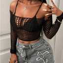 Floerns Women's Hollow Out Mesh Long Sleeve Crop Tops Off The Shoulder Y2k T Shirts (Black)