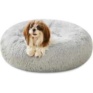 Calming Dog Bed & Cat Bed, Anti-Anxiety Donut Cuddler Beds, Cozy Soft Round Beds, Fluffy Faux Fur Plush Bed for Small Medium Dogs and Cats (24.0"L x 24.0"W x 8.0"Th, Shag Frost)