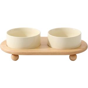 Ceramic Elevated Cat Food and Water Bowl, Kitty Bowl, Raised Cat Dish, Pet Feeder (5.1 in, 2 x Beige + Stand)