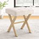 LUE BONA Square Linen Makeup Stool, Metal X Legs, Small Ottoman Stool Chair for Vanity, Modern Padded Seat Foot Rest for Makeup Room, Bathroom