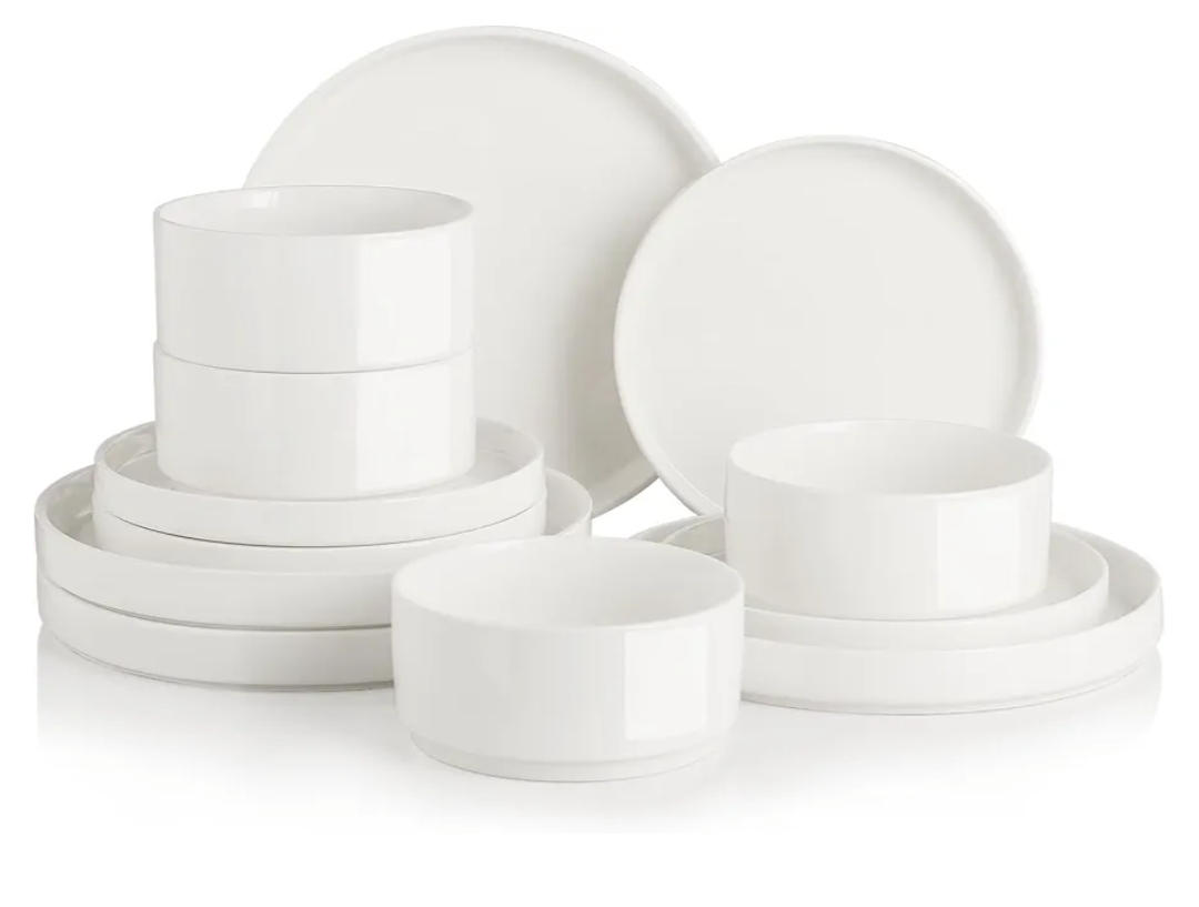 Sweejar Porcelain Dinnerware Sets for 4, 12 Pieces Ceramic Plates and Bowls Set, Classic Modern Simple Kitchen Dinner Dining Ware Set, Dishwasher and Microwave Safe Dishes Sets(Pure White)