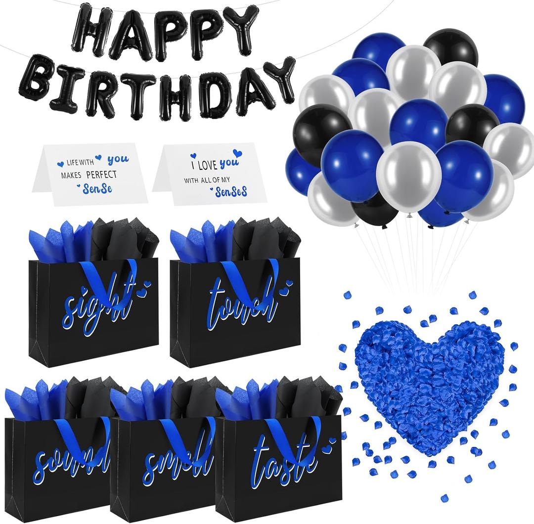 Addblu 5 Senses Gift Bags for Him with Labels Tissue Paper And Handles, 12.6"X8.7"X4" Includes Birthday Decoration Banner, Balloons, Rose Petals & Cards for Him or Her, Husband or Boyfriend (Black with Blue Lettering)