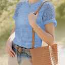 Women's Waffle Knit Tops Going Out Short Sleeve T Shirts Trendy Summer Tunic Casual Hollow Out Crochet Blouses (Blue, M)