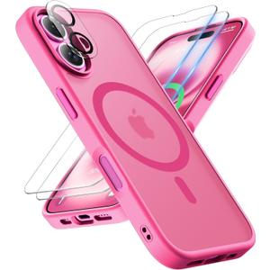 ORETECH Magnetic for iPhone 16 Plus Case, [Compatible with MagSafe][2 Pcs Screen Protectors + Camera Lens Protector][15 FT Drop Protection] Frosted Translucent Back, Shockproof, Anti-Scratch, Hot Pink
