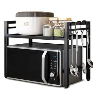 Vautrezon Microwave Oven Rack Expandable Countertop Heavy Duty Microwave Shelf 2-Tier Adjustable Metal Storage Shelf Rack for Kitchen(Black)