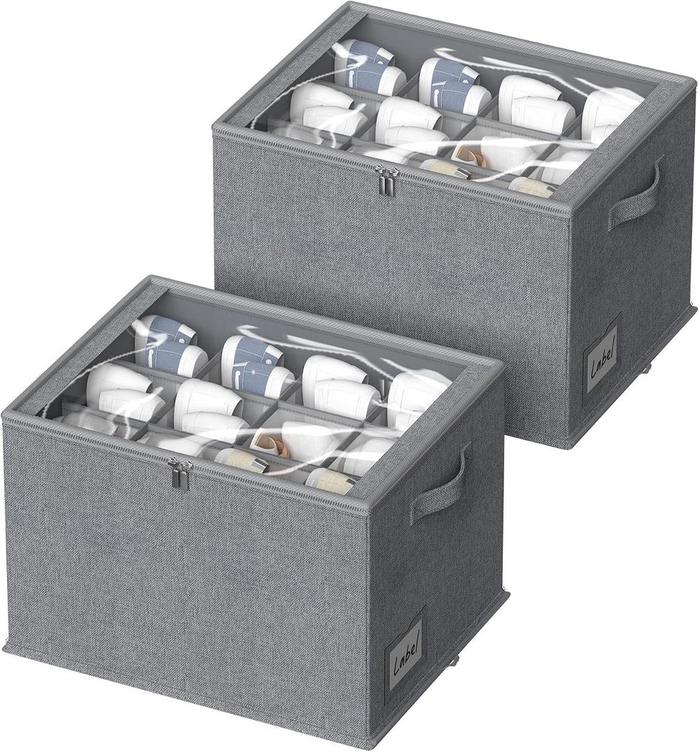 2 Pack Shoe Organizer for Closet - Shoe Storage Bins with Clear Cover, Fabric Shoe Storage Containers with Reinforced Handles, Fits up to 24 Pairs (Grey, 16.5 * 12.6 * 12.2in)