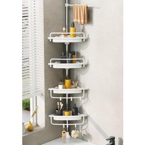 Upgrade Sturdy Shower Caddy Tension Pole Corner Shower Caddy Bathroom Organizer 18/8 Stainless Steel Rustproof 4 Tier Adjustable Shelves for Bathtub Shampoo Accessories Storage Rack 32-122inch (White)