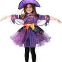 Spooktacular Creations Child Girl Orange Purple Witch Costume, Toddler Witch Outfit Set for Kids Halloween Dress Up Parties (Large(10-12 yr))