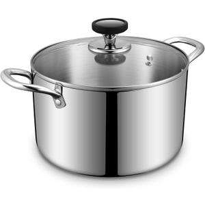 Tri-Ply Stainless Steel Stock Pot, 6.5 Quart Heavy Duty Induction Cooking Pot with Visible Lid for Pasta, Soup, Spaghetti, Sturdy & Double Handle, Dishwasher Safe