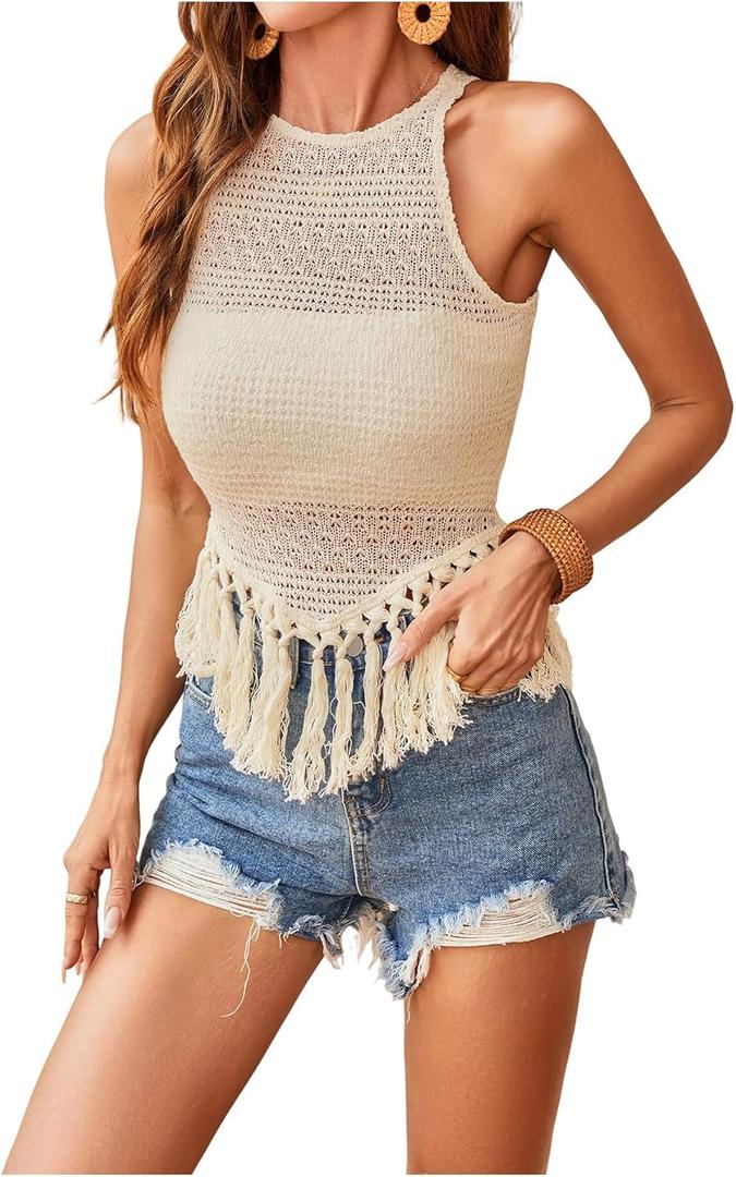 MakeMeChic Women's Crochet Fringe Pullover Sweater Crew Neck Sleeveless Knitted Tank Top (L)