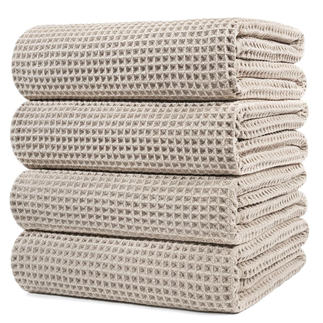 POLYTE 430 GSM Microfiber Oversize Quick Dry Lint Free Bath Towel, 60 x 30 in, (Waffle Weave), Beige 