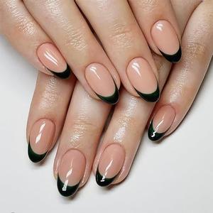 Pack of 2, Press On Nails Almond, Press On Nails Short, Nude Glossy Finish Nails Reusable Fake Nails For Women, Black French Tip Press-on Nails Daily Wear, 24pcs Nails Kit with Glue Kit