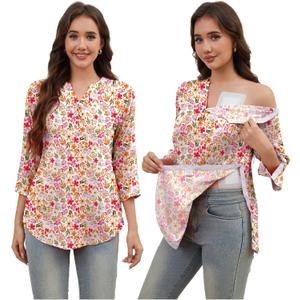 Post Shoulder Surgery Shirt for Women Tear Away 3/4 Sleeve Tops After Rotator Cuff Shirt V Neck Chemo Port Adaptive Clothing (S)