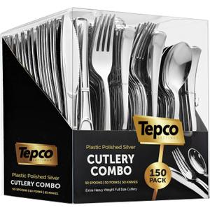 150 Silver Plastic Silverware Set - Disposable Flatware Cutlery - 50 Forks, 50 Spoons, 50 Knives - Heavy Duty Party Bulk