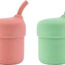 Pura my-my Silicone Straw Cup| Spill Proof, Reusable, Food Grade Silicone, Plastic-Free | For Kids, Toddlers, Babies & Infants - Pack of 2 Rose & Moss