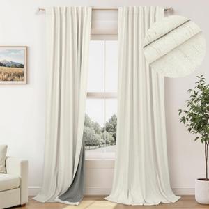 100% Blackout Curtains 84 Inch Length 2 Panels Set Neutral Boho Linen Farmhouse for Bedroom Windows Living Room Darkening Thermal Insulated Drapes Natural Cream Ivory 7ft Long Back Tab Pleated Pocket,  52"W x 84"L (Pack of 2), Natural