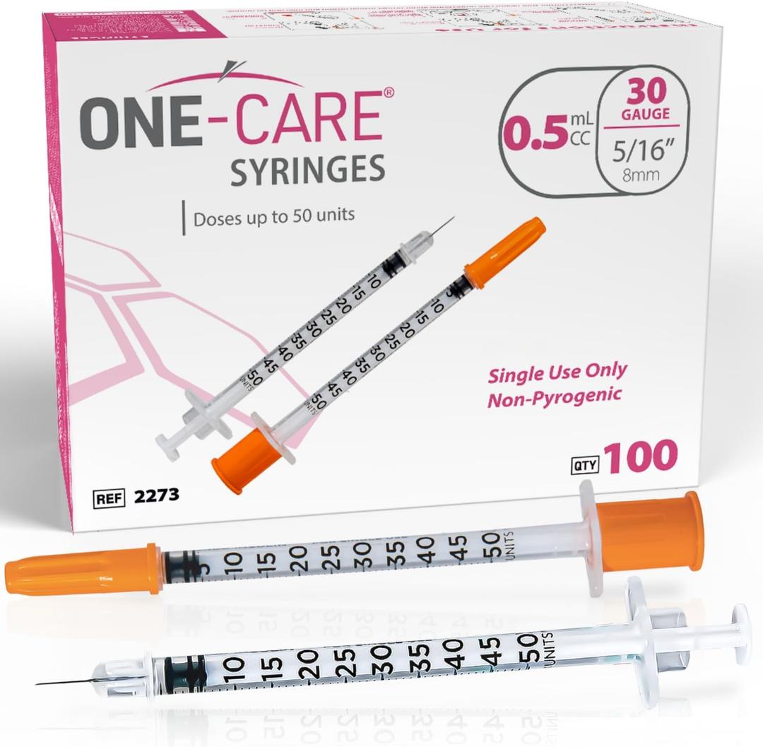 ONE-CARE Syringes 0.5ml/cc, 30G x 5/16"(8mm), Orange Cap, 100/bx