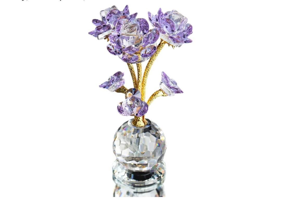 QFkris Purple Crystal Rose Flower Figurine Collectible Statue 6" Glass Flowers with Stems Ornament Home Decor for Valentines Day Thanksgiving,Christmas,Wedding,Mothers Day,Centerpiece,Gift for Women