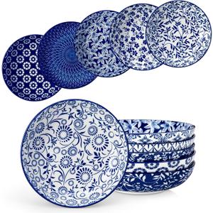 Vancasso Selene 8.5" Pasta Bowls Set of 6, 40 oz Porcelain Shallow Salad Bowls, Serving Bowls Large Kitchen Bowl Plates Pasta Plates, Blue & White Floral Design, Microwave Safe