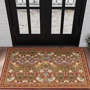 RoomTalks Ultra Thin Country Rustic 2x3 Entryway Rug Entrance Non-Slip Washable Indoor Door Mat, Rusty Red Strawberry Thief Rug, Vintage Botanical Floral Forest Accent Throw Rugs for Bathroom Kitchen
