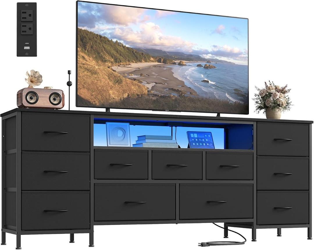 SONGMICS BELLAH Collection - TV Stand for TVs Up to 70 Inches, Dresser for Bedroom, Living Room, Chest of Drawers, Steel, 11 Drawers and Shelf, Modern, Ink Black ULGS043B101S, 13.8"D x 68.4"W x 26.8"H
