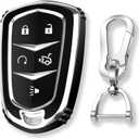 QBUC for Cadillac Key Fob Cover with Keychain Chrome Trim Soft TPU Protection Case Compatible with 2015-2019 Cadillac Escalade ATS CTS CT6 XTS XT5 SRX 5-Buttons(Black)