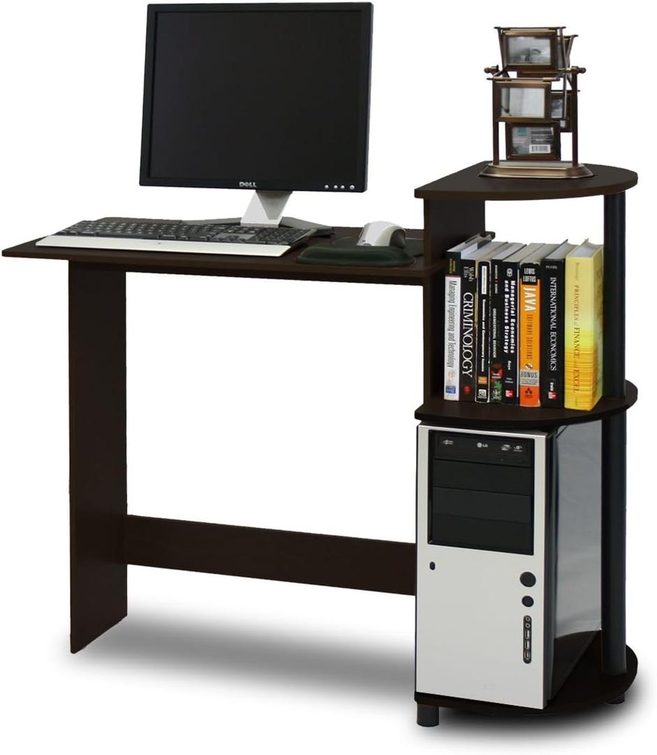 Furinno Compact Desk, 28.5" Wide Gaming Desk with Shelves, Computer Desk with Book Shelf, Office Desk for Home Office, Study Room, Dorm, Bedroom, Espresso, Round Side Shelf