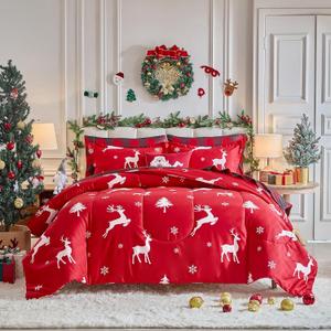 Christmas Bed in a Bag 6 Pieces Twin, White Deer and Snowflake on Red Xmas Design, Soft Microfiber Comforter Set for Kids (1 Comforter, 2 Pillow Shams, 1 Flat Sheet, 1 Fitted Sheet, 1 Pillowcases)