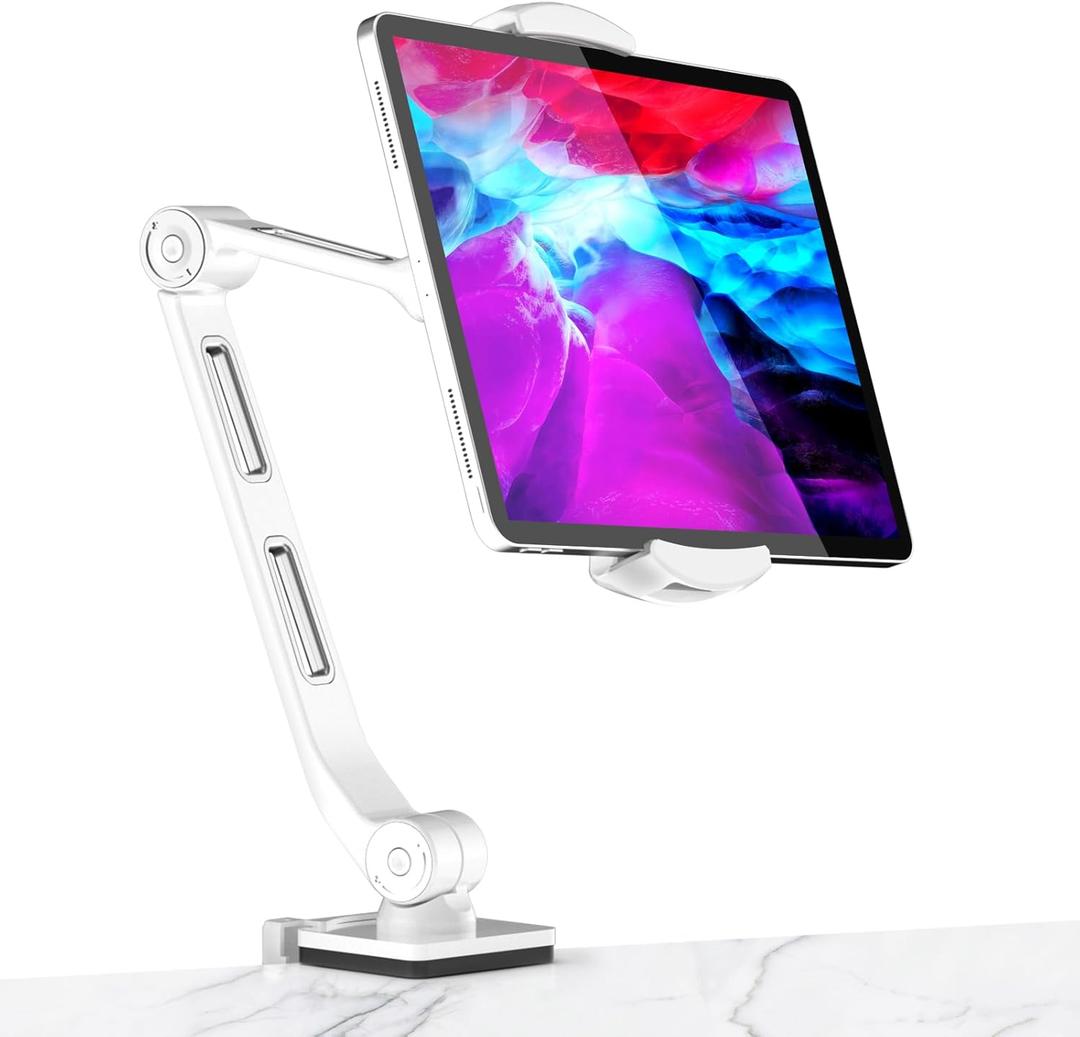 suptek Aluminum Tablet Desk Mount Stand 360 Flexible Cell Phone Holder for iPad, iPhone, Samsung, Asus and More 4.7-11 inch Devices, Good for Bed, Kitchen, Office (YF208BW) (White)
