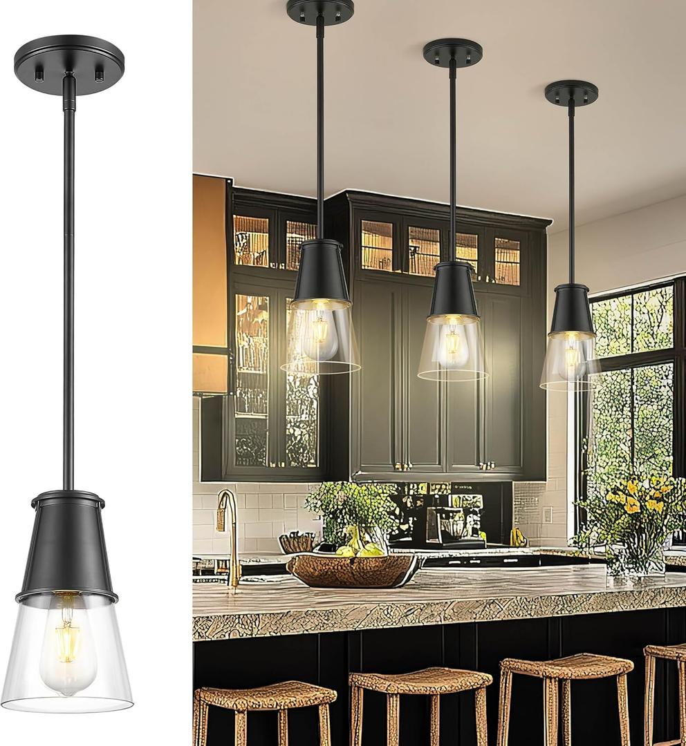 Beionxii Black Pendant Light with Cone Shade, Clear Glass Pendant Light, Modern Pendant Light Fixtures for Kitchen, Sink, Bar, Dining Room, Bedroom, Foyer, BX-PLMB01-CG