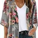 Women's Floral Print Puff Sleeve Kimono Cardigan Loose Cover Up Casual Blouse Tops (Aa Dark Grey), S