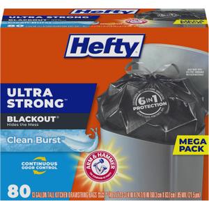 Hefty Ultra Strong Trash Bags, Black Tall Kitchen Trash Bags 13 Gallon Size, Break Resistant Drawstring Enclosure, Continuous Odor Control, Blackout, Clean Burst Scent, 80 Bags