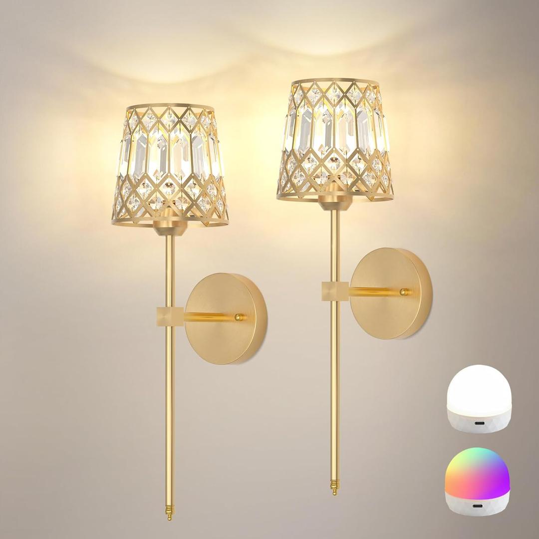 Gold Battery Operated Wall Sconces Set of 2, Crystal Rechargeable Wireless Wall Sconce Light Fixtures for Home Decor, Dimmable 12 RGB and 3CCT Wall Lamps with Remote for Living Room Bedroom Hallway